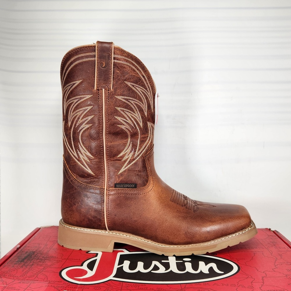 Justin Boots Work Boots Mens Size 13 Pecan Brown Waterproof Square Toe Leather